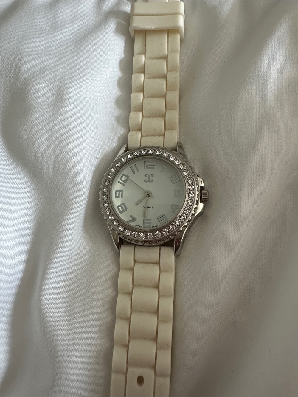 Crystal-Bezel Women's Silicone Strap Watch in Off-White